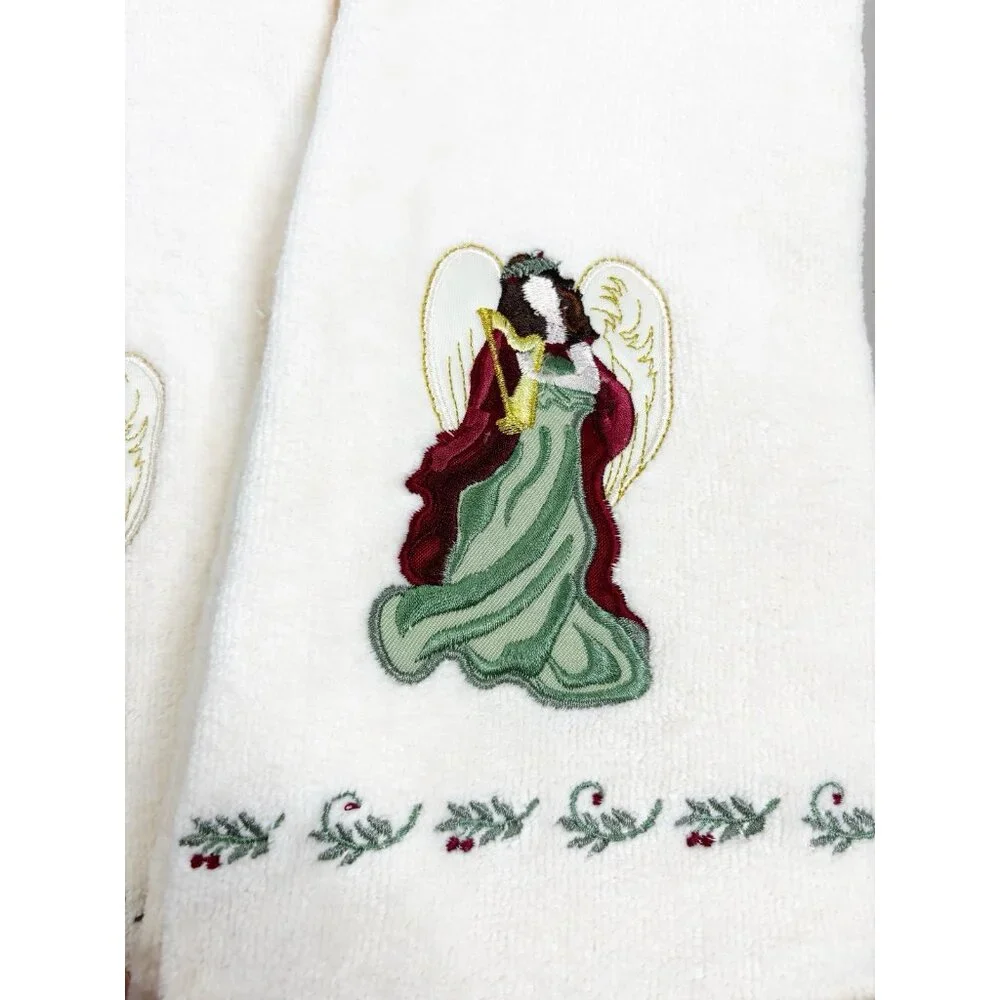 VTG St Nicholas Square 25x16 Angel Hand Towels (Set Of 2) Cream 100% Cotton GUC